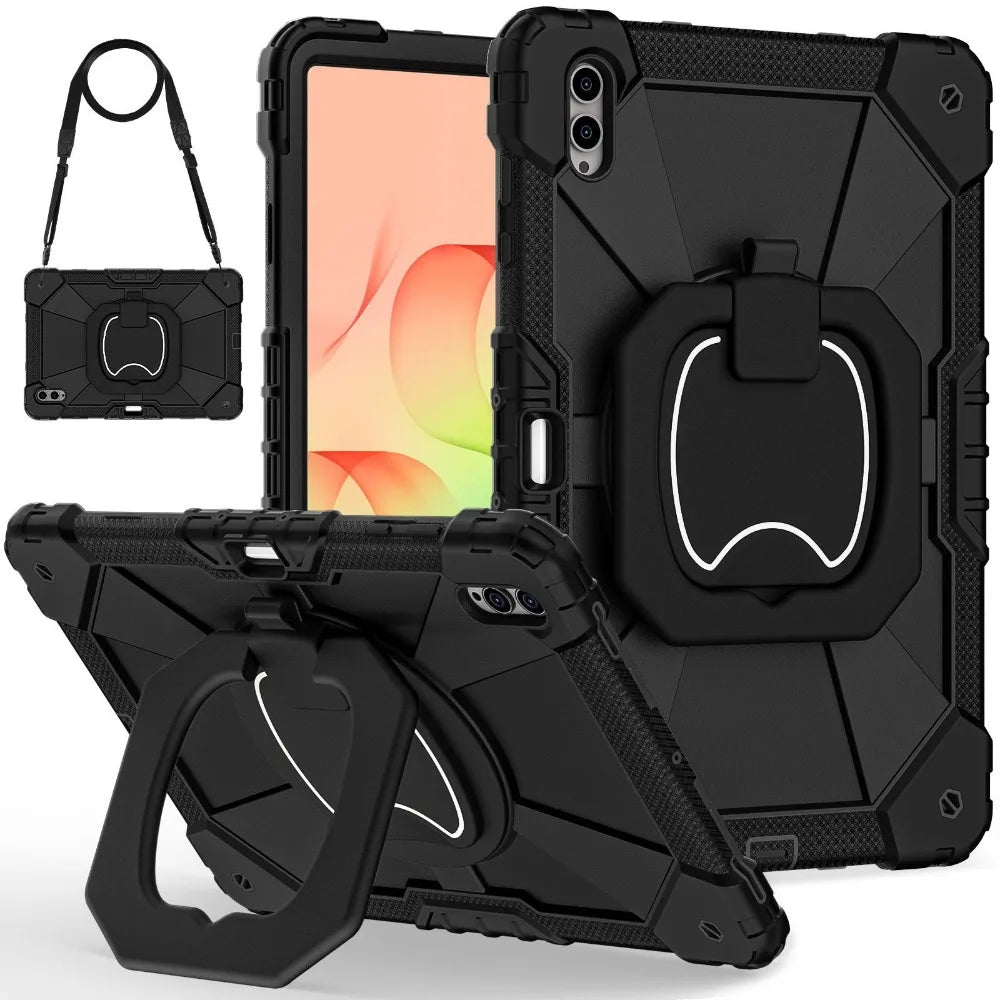RhinoGuard Command 360 — Midnight Black — front, rear, stand and shoulder-strap views; tablet not included