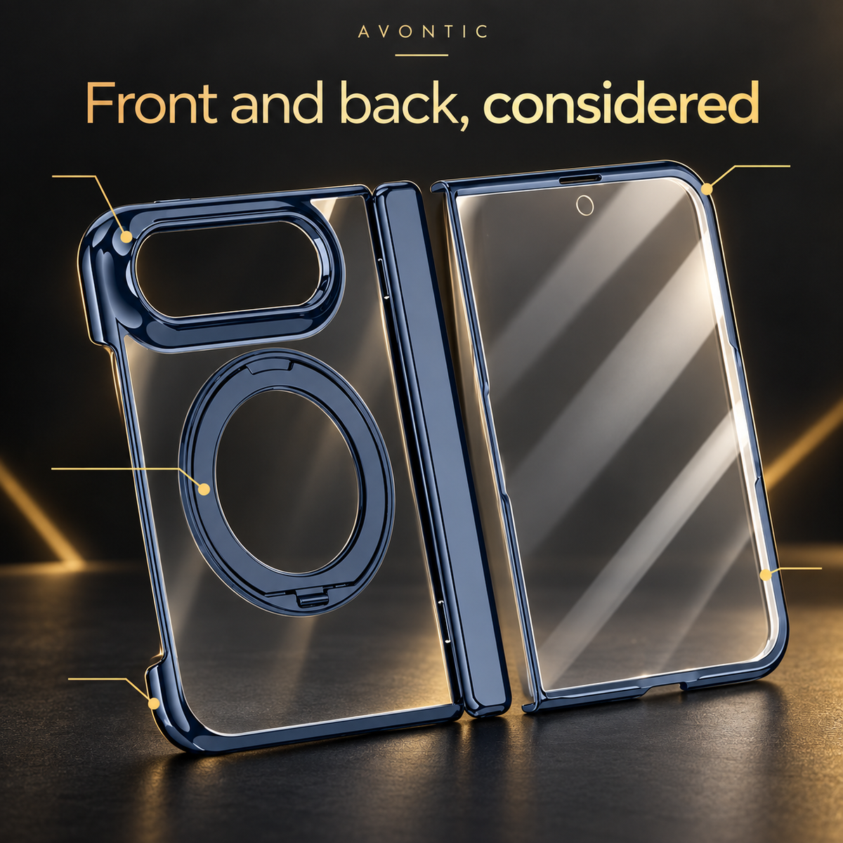 Avontic Duo Pivot Magnetic Hinge Stand Case — Front and back, considered