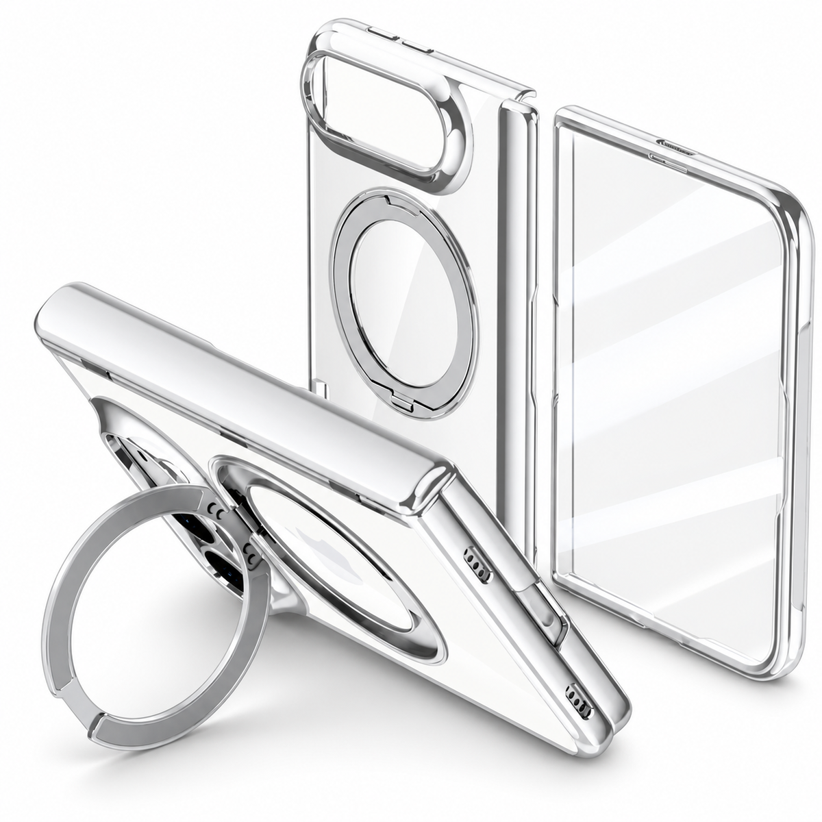 Avontic Duo Pivot Magnetic Hinge Stand Case in Silver on a white background
