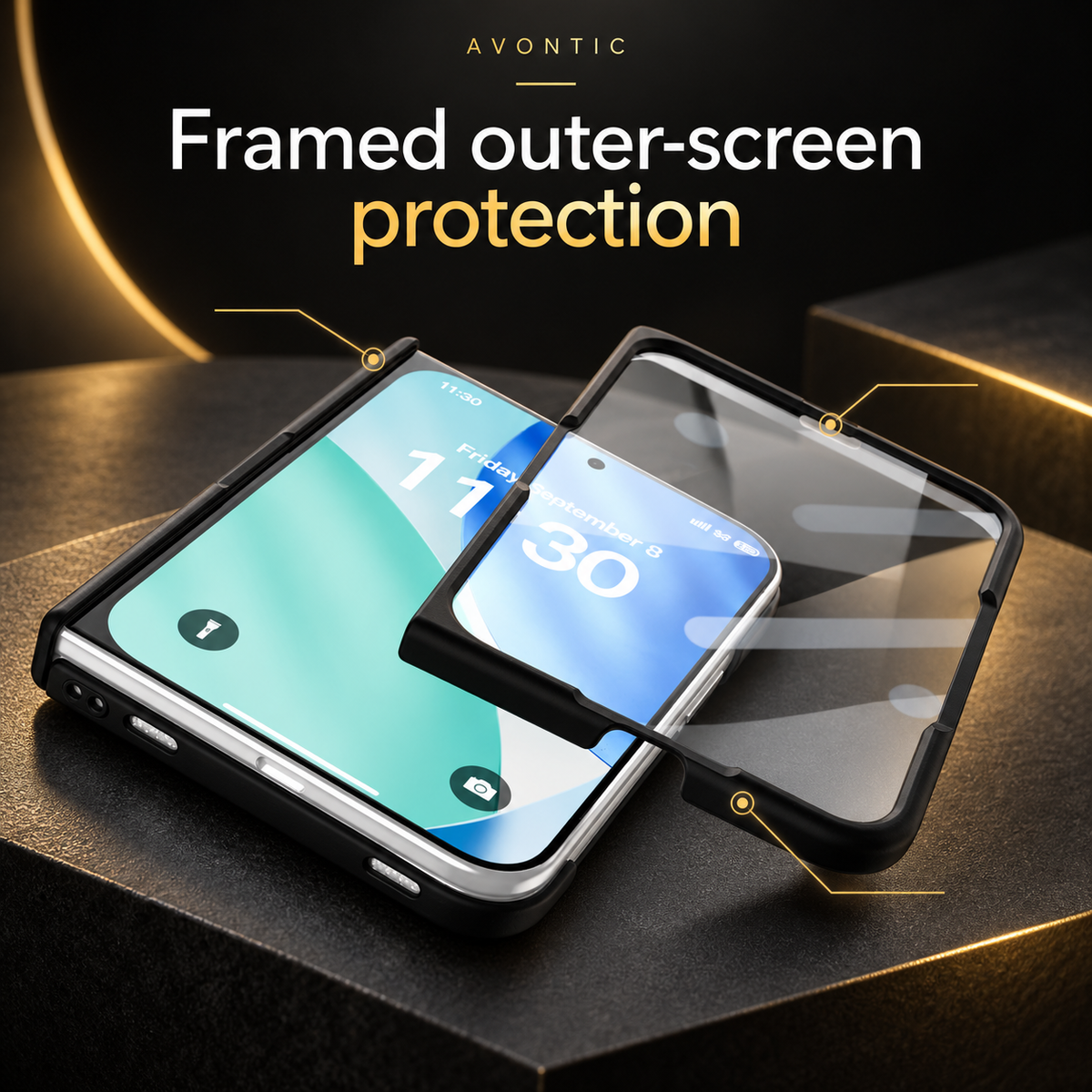 RhinoGuard Duo Sentinel Magnetic Hinge Case — Framed outer-screen protection