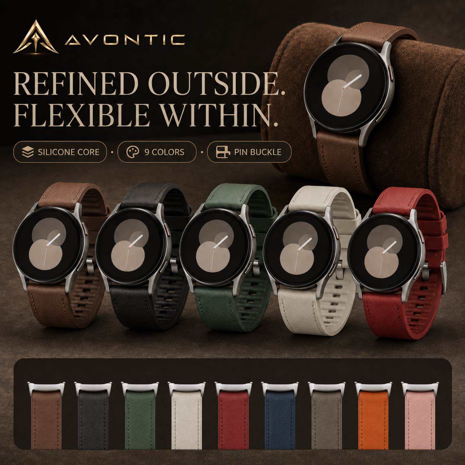 Avontic DuoTexture silicone bands with Refined Outside Flexible Within badge