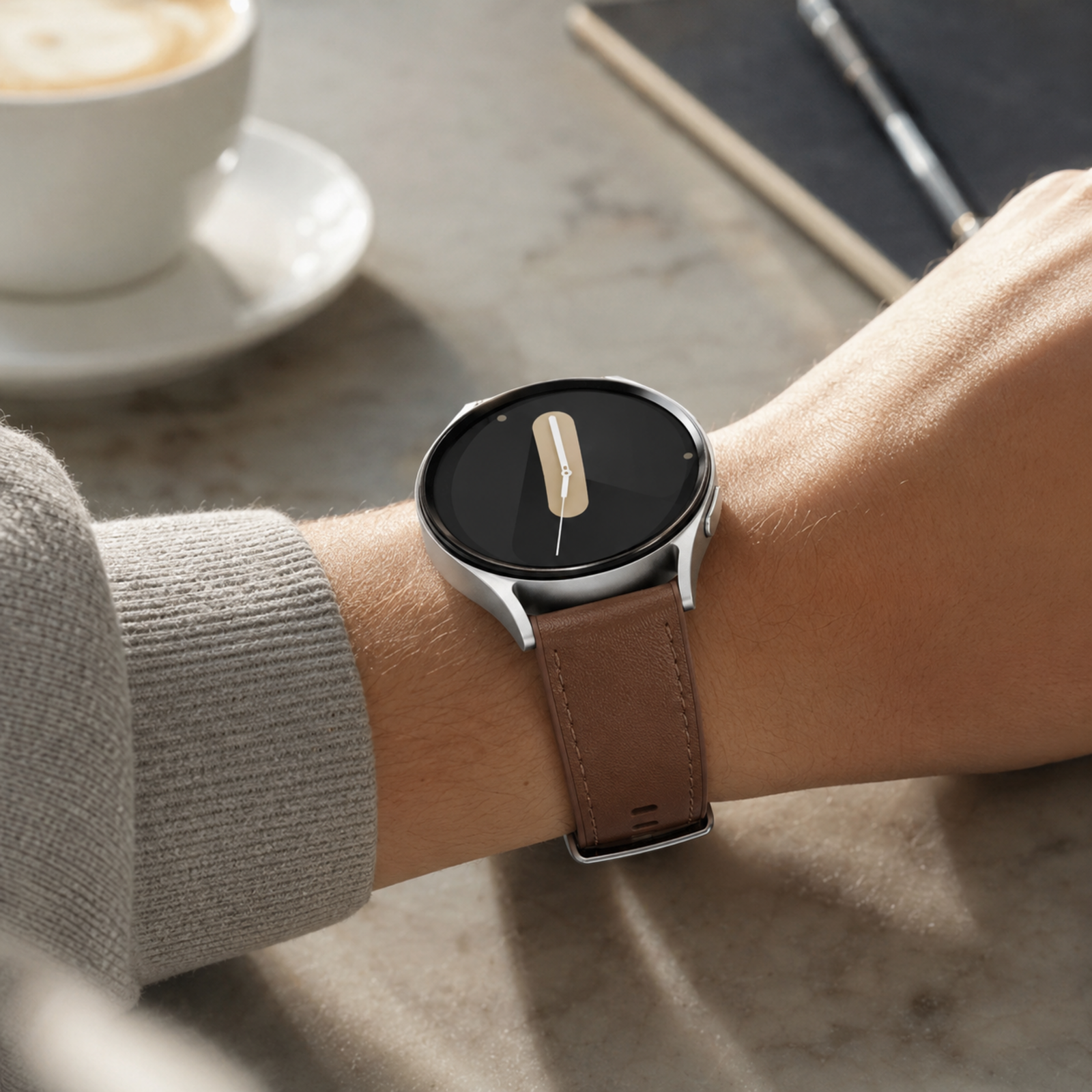 Brown Avontic DuoTexture leather-look silicone band worn with a circular Galaxy Watch at a café