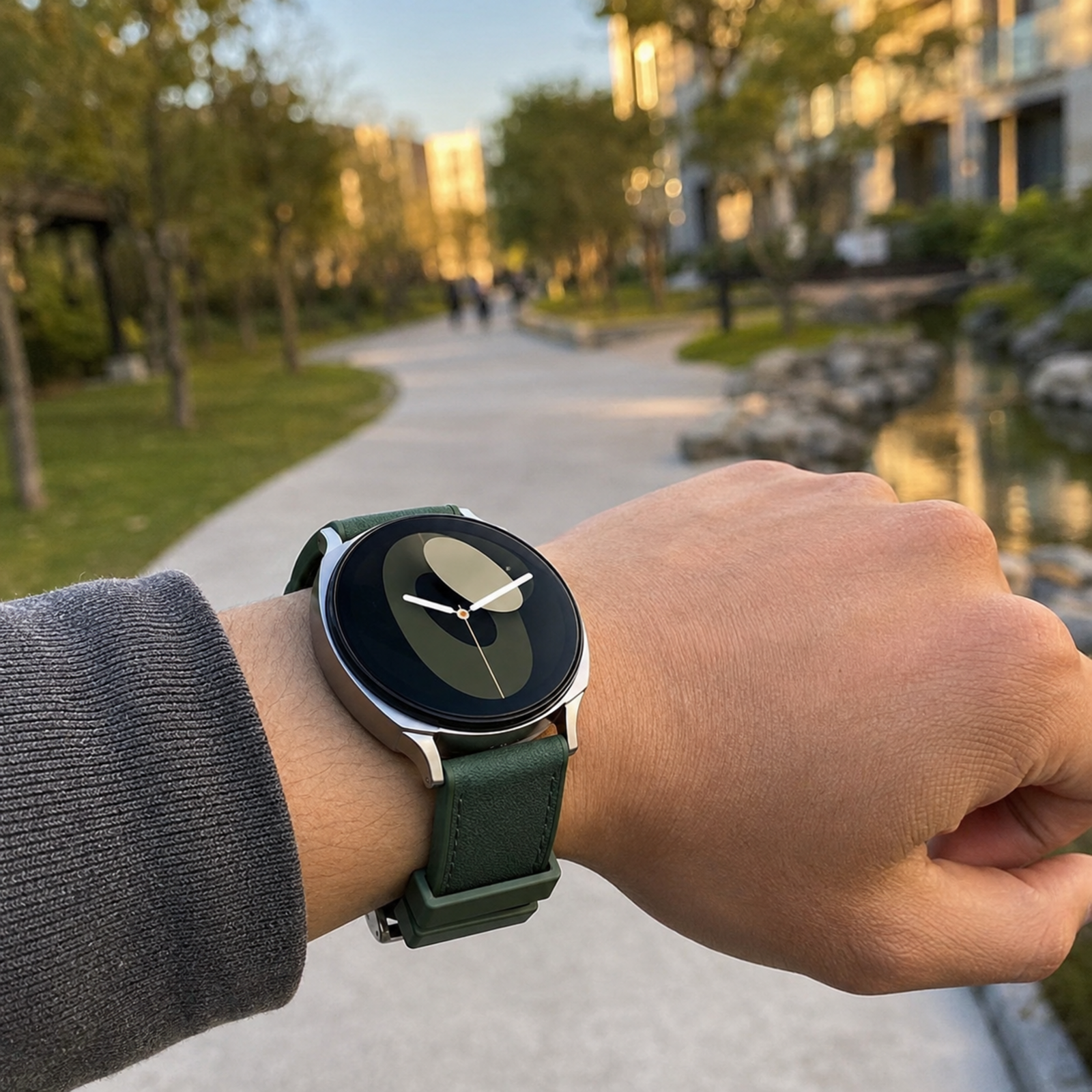 Green Avontic DuoTexture leather-look silicone band worn with a circular Galaxy Watch outdoors