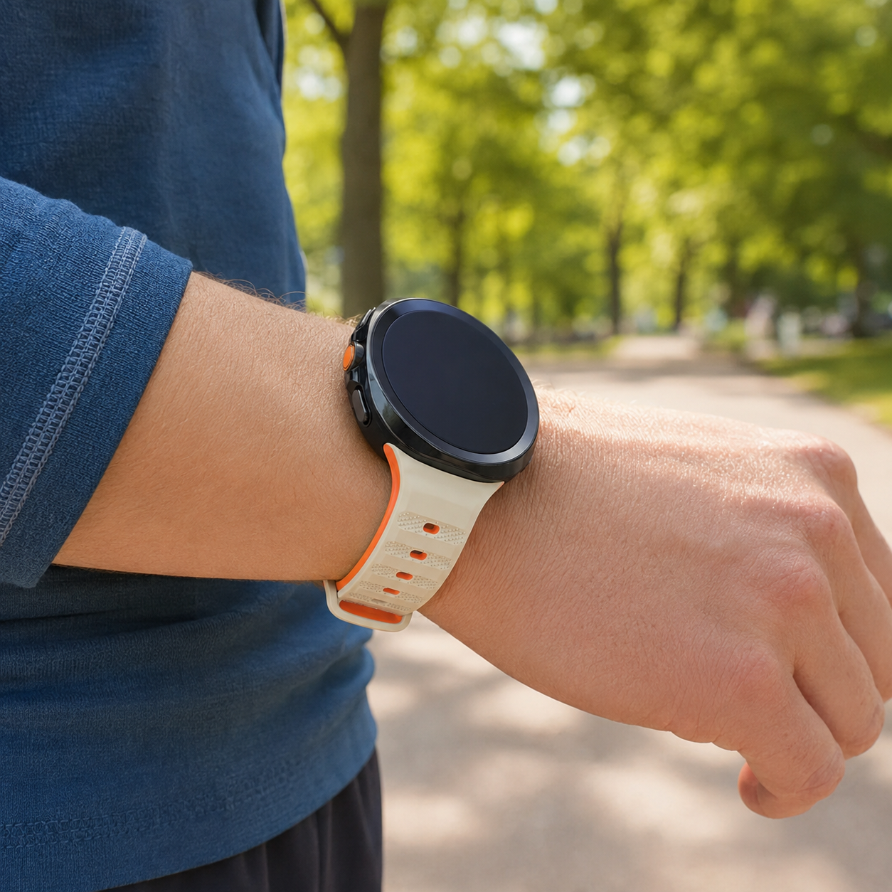 Starlight Orange Avontic DuoVent sport band on a circular Galaxy-style watch
