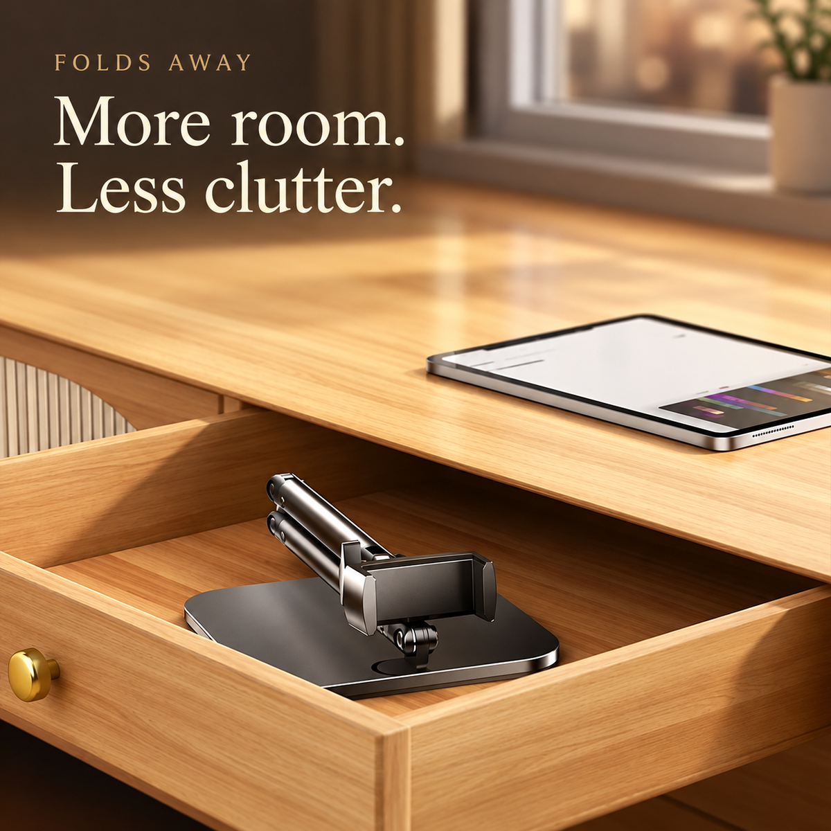 Avontic Elevate phone holder folded into a desk drawer