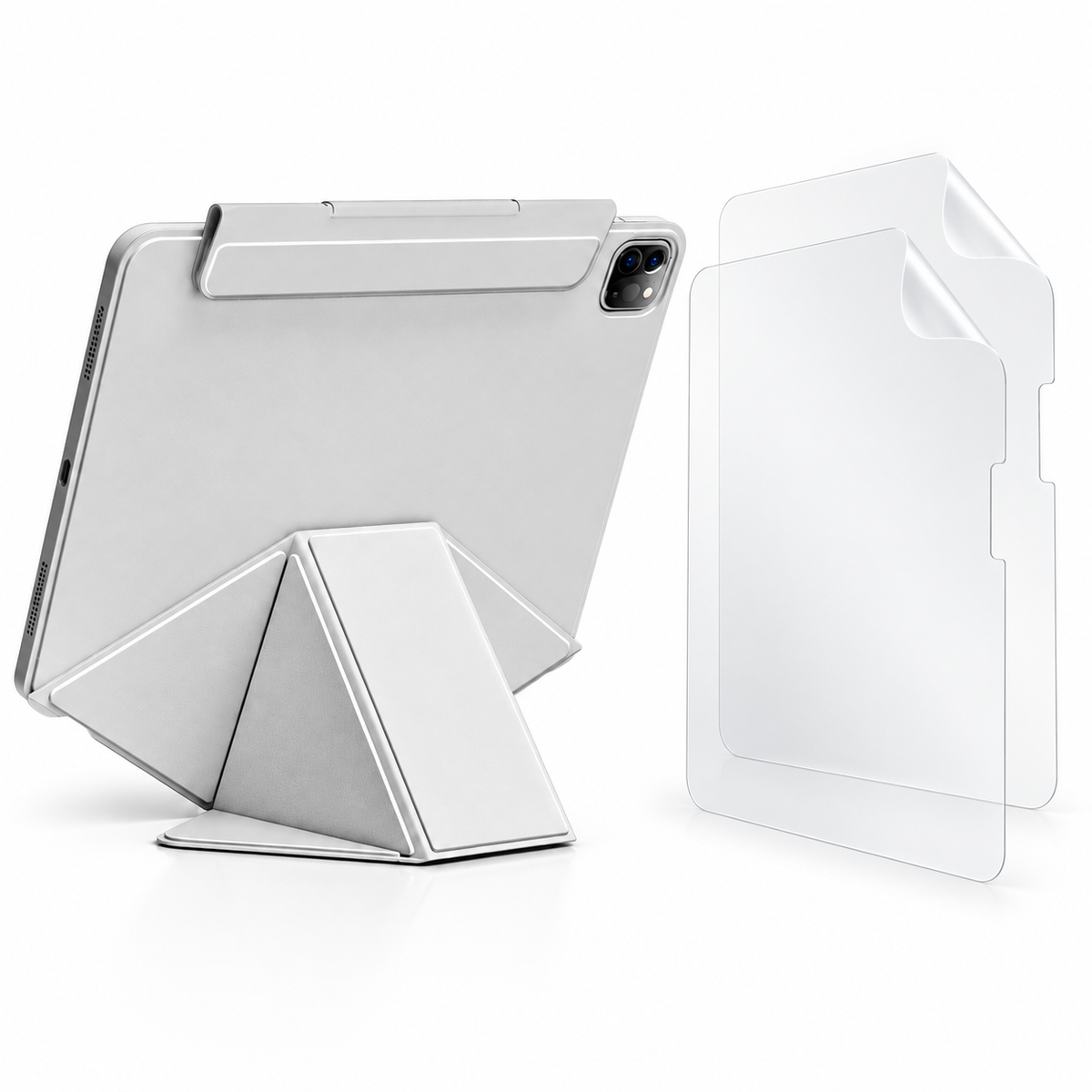 FormaLift Elevate case in grey, two PaperTouch matte screen films, on white