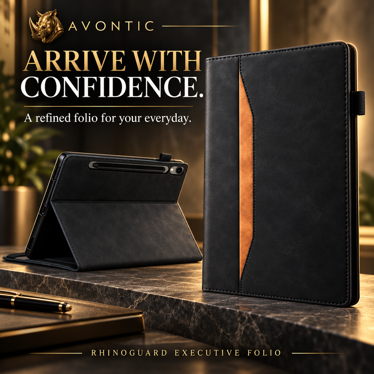 RhinoGuard Executive Folio — product benefits 1 — Avontic gold rhino branding