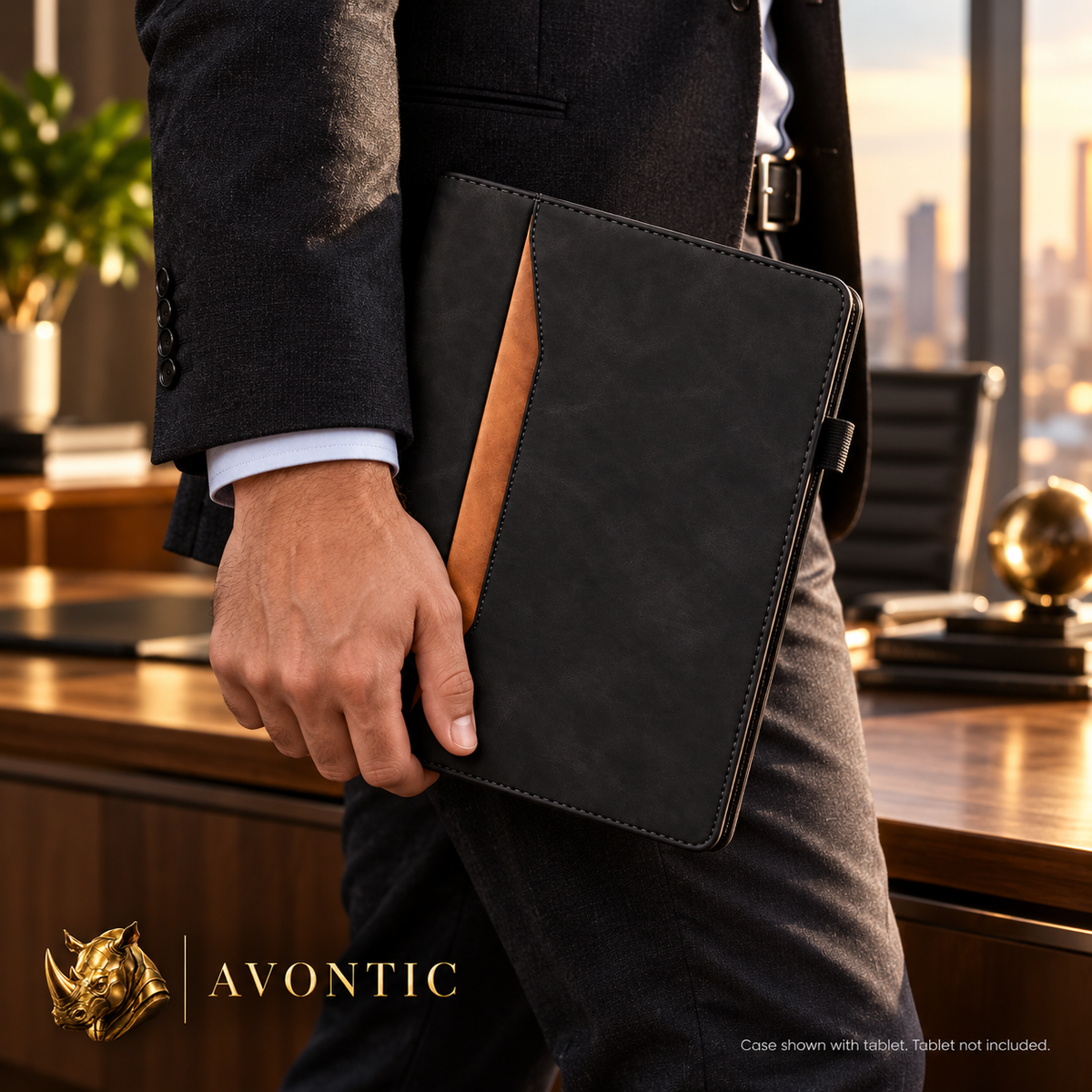 RhinoGuard Executive Folio — tablet case in use 1 — Avontic gold rhino branding