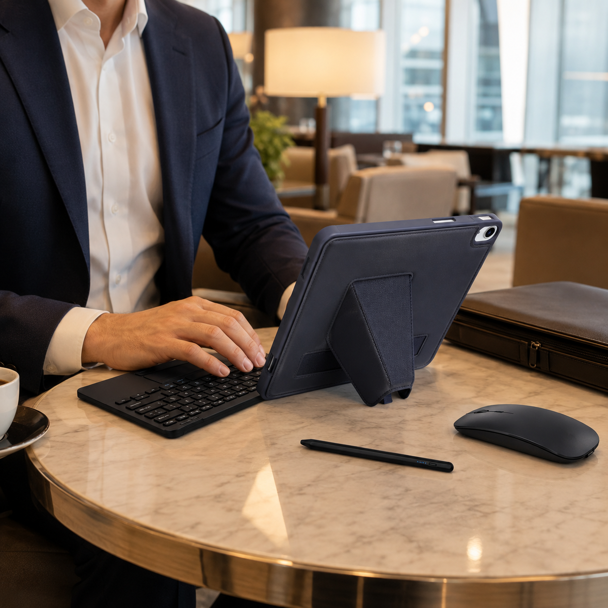 Mobile professional using Dark Blue Executive WorkForce iPad bundle while traveling