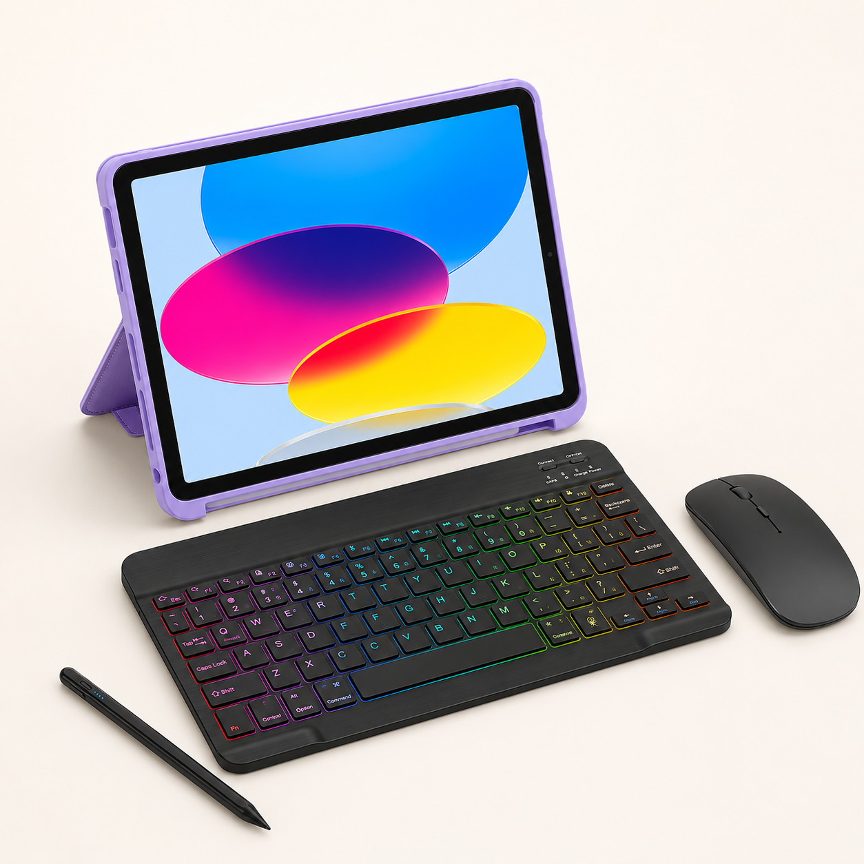 Purple Executive WorkForce leather-finish iPad case with colorful backlit RhinoKeys 10-inch keyboard, wireless mouse and universal stylus