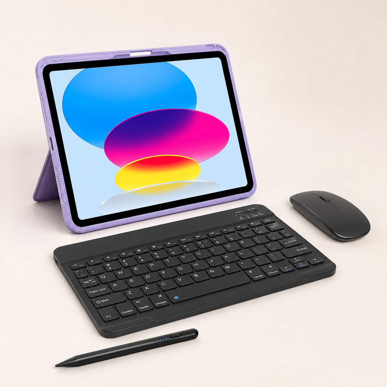 Purple Executive WorkForce leather-finish iPad case with black RhinoKeys Pro 10-inch keyboard, wireless mouse and universal stylus