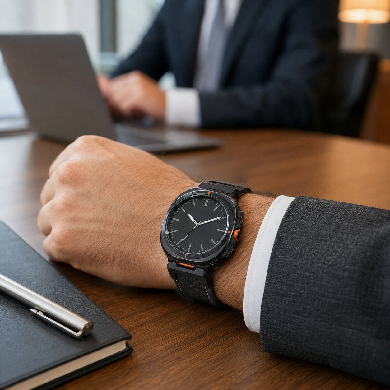 Black Avontic ExecutiveLink leather Galaxy Watch Ultra band in a meeting