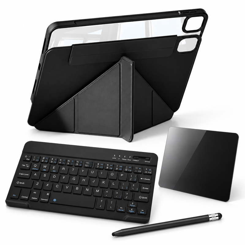 FormaLift Flex Complete bundle in Black: iPad case, 10-inch RhinoKeys keyboard, ApexTouch stylus, privacy glass; representative iPad configuration