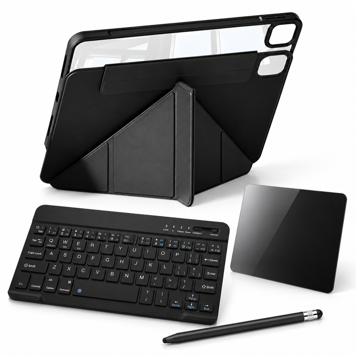 FormaLift Flex Complete bundle in Black: iPad case, 10-inch RhinoKeys keyboard, ApexTouch stylus, privacy glass; representative iPad configuration