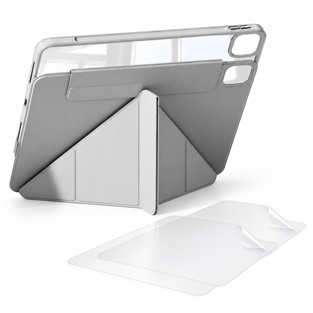 FormaLift Flex case in grey, two PaperTouch matte screen films, on white
