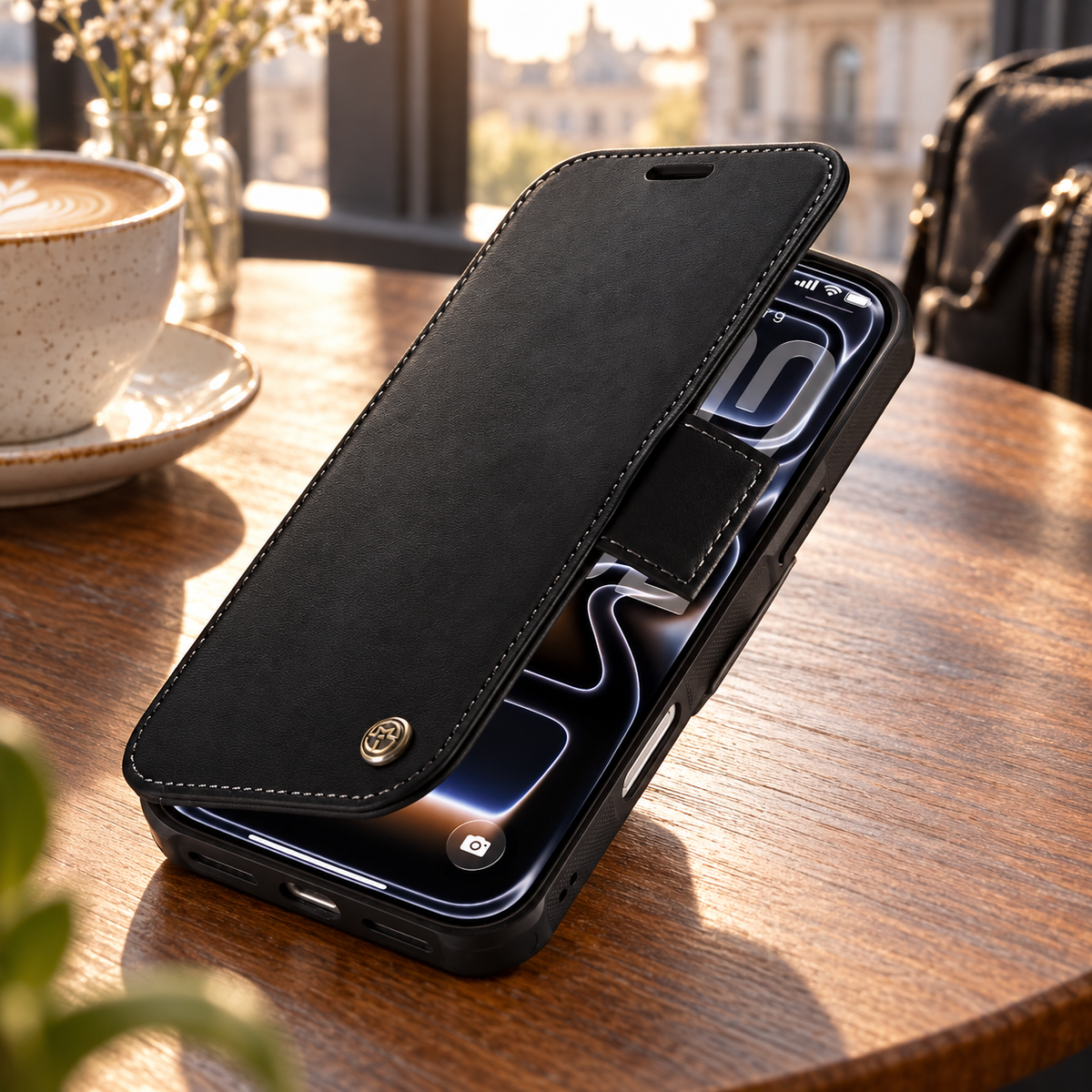 Avontic Magnetic Wallet Case — cafe lifestyle view
