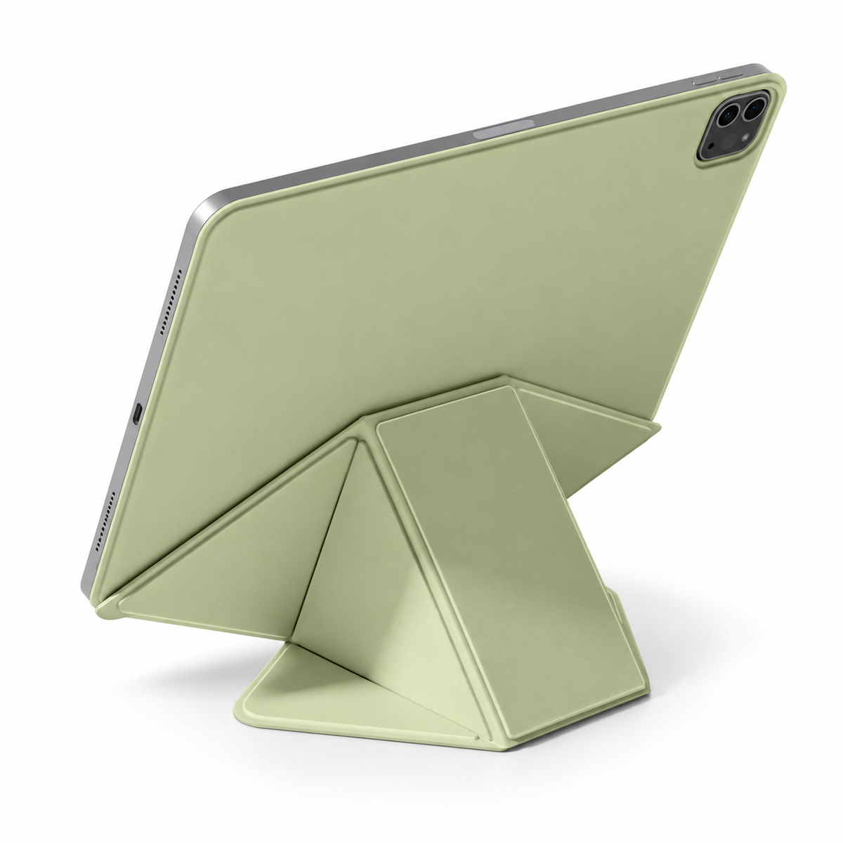 Avontic FormaLift Dynamic iPad case in Green, rear view with folding stand on white background