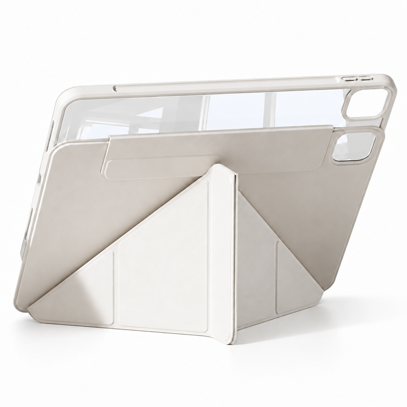 Avontic FormaLift Flex Cream White empty magnetic iPad case with folded support and open camera cutout; tablet not included