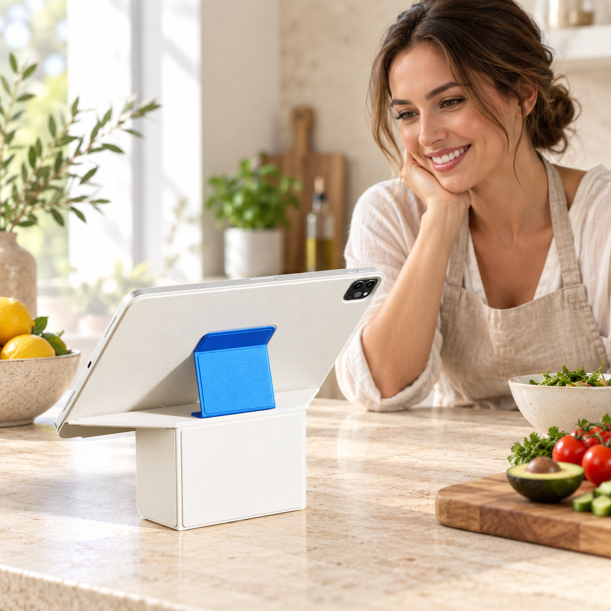 White and blue FormaLift Prism iPad case on an elevated stand at a kitchen counter. Device and props not included.