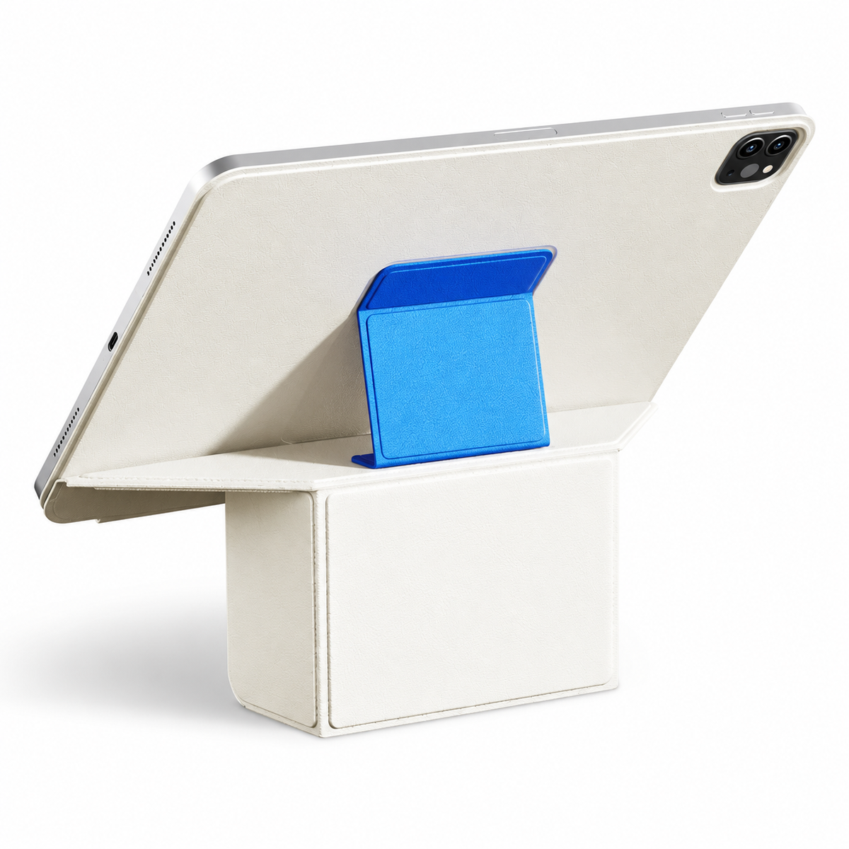 Avontic FormaLift Prism iPad case in White and Blue, rear view with folding stand on white background