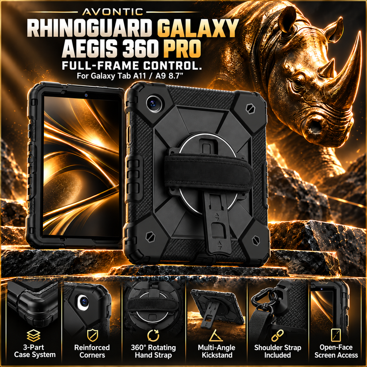 RhinoGuard Galaxy Aegis 360 Pro with three-part case construction, rotating hand strap, kickstand and shoulder strap.