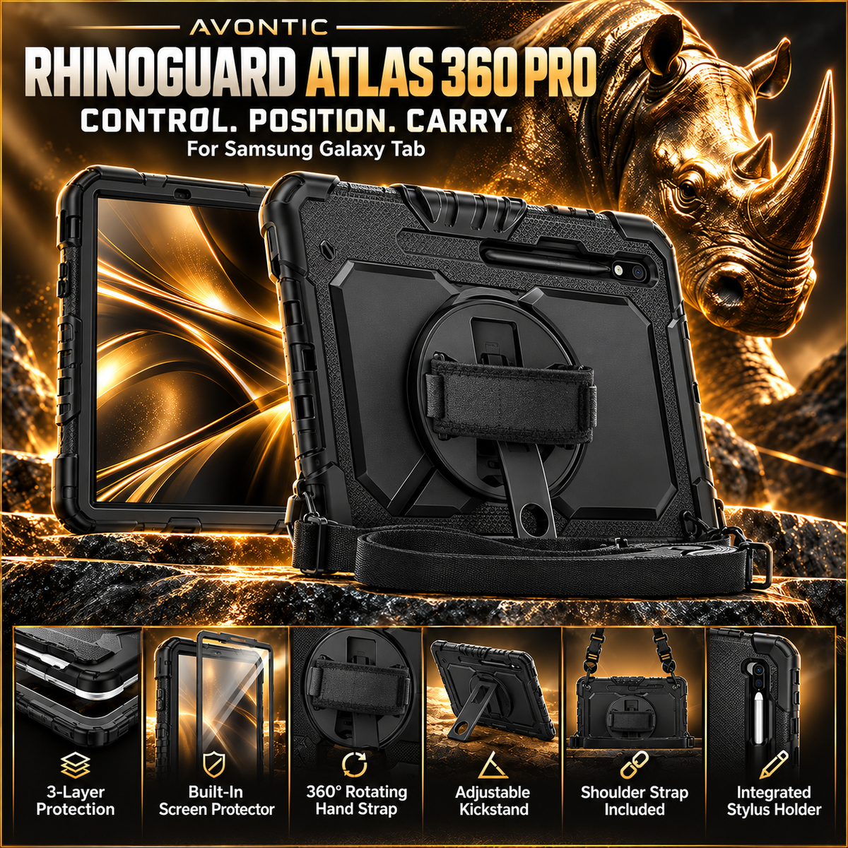 RhinoGuard Atlas 360 Pro case and its six protection, grip, stand and carrying features.