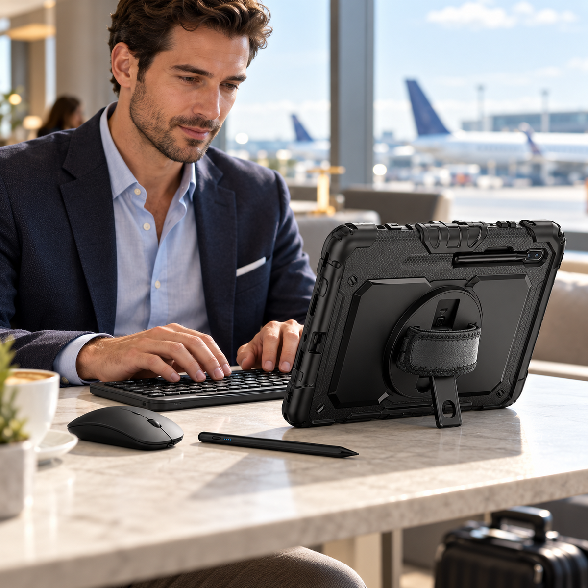 Business traveler using the black RhinoGuard Galaxy WorkForce Elite 3-Layer case on its kickstand with the separate wireless keyboard, mouse and stylus.