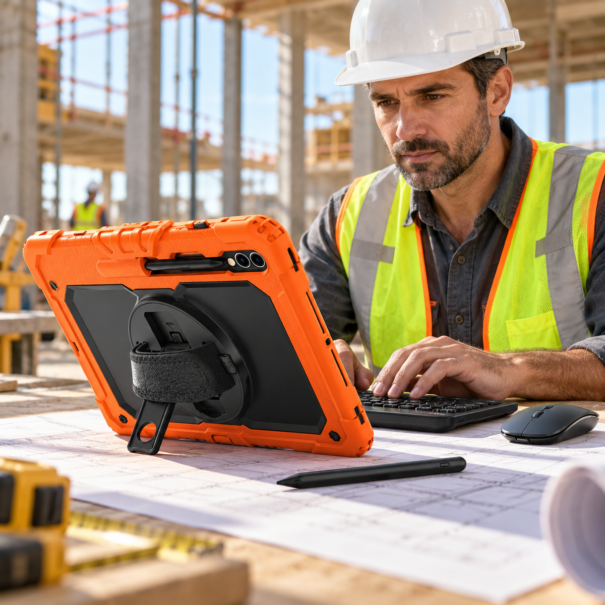 Construction supervisor typing with the orange RhinoGuard Galaxy WorkForce Elite 3-Layer case supported by its molded kickstand, with keyboard, mouse and stylus.