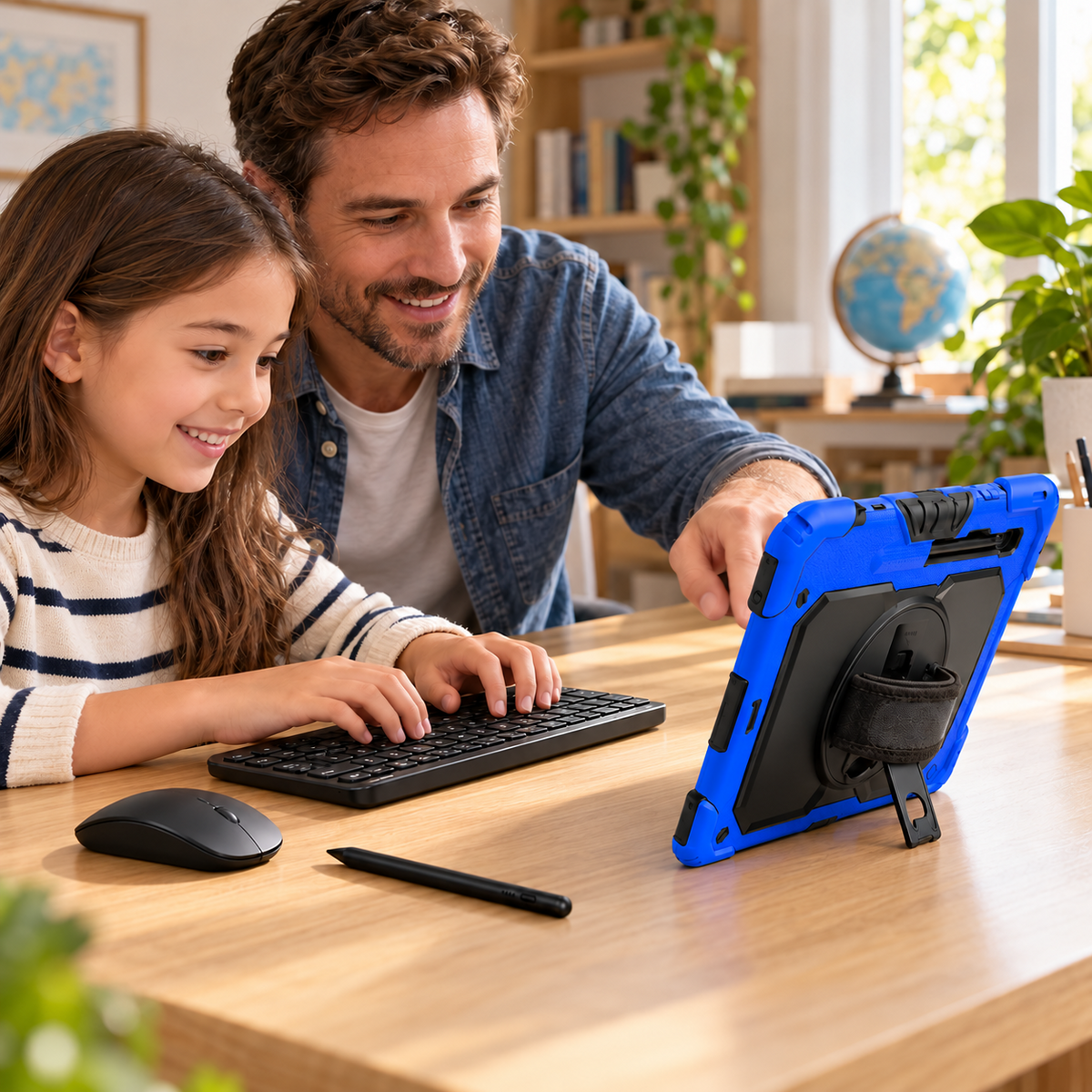 Father and daughter studying with the blue RhinoGuard Galaxy case on its built-in kickstand and the included separate wireless keyboard, mouse and stylus.