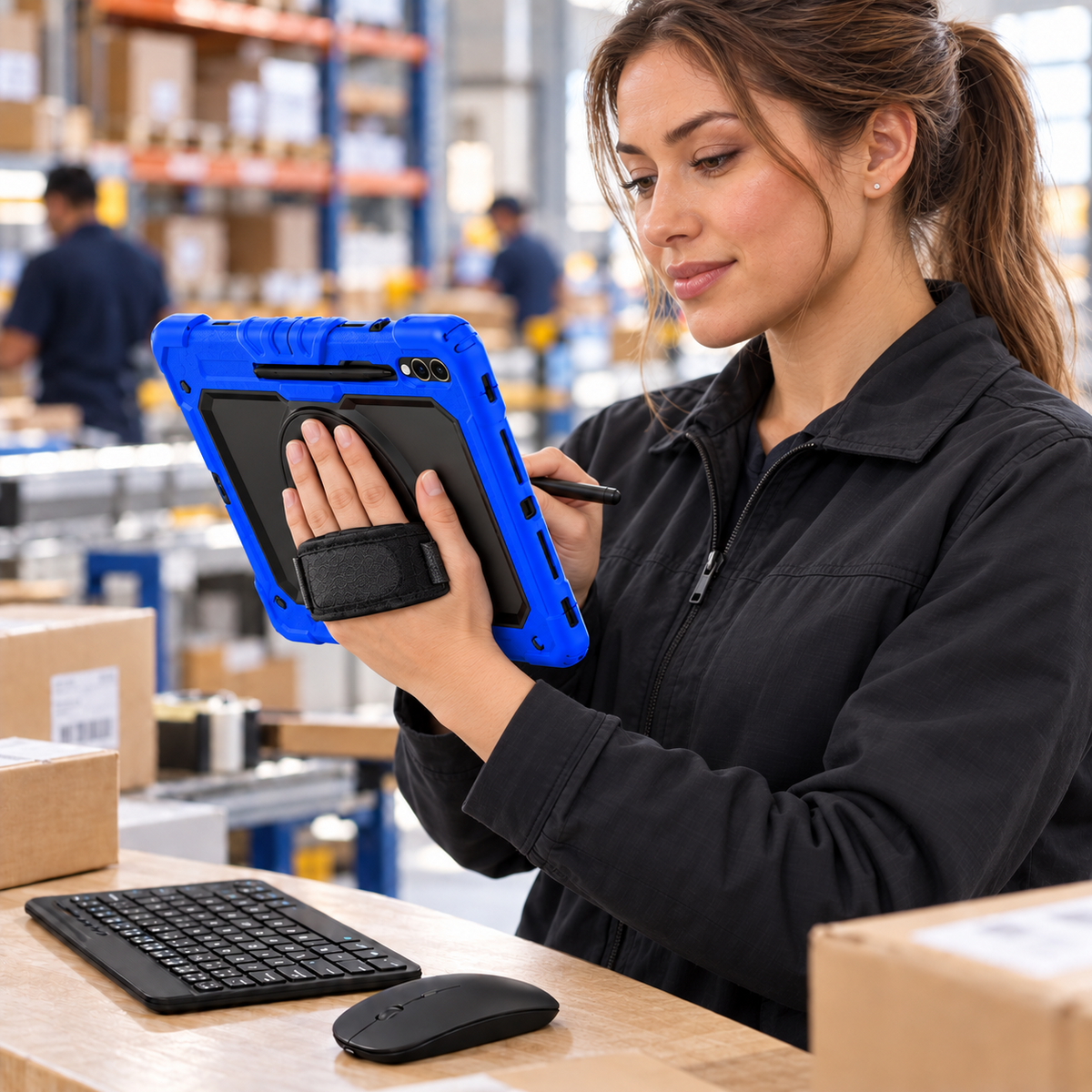 Warehouse professional using the blue RhinoGuard Galaxy case with the padded rotating strap over the back of her hand, with keyboard and mouse nearby.
