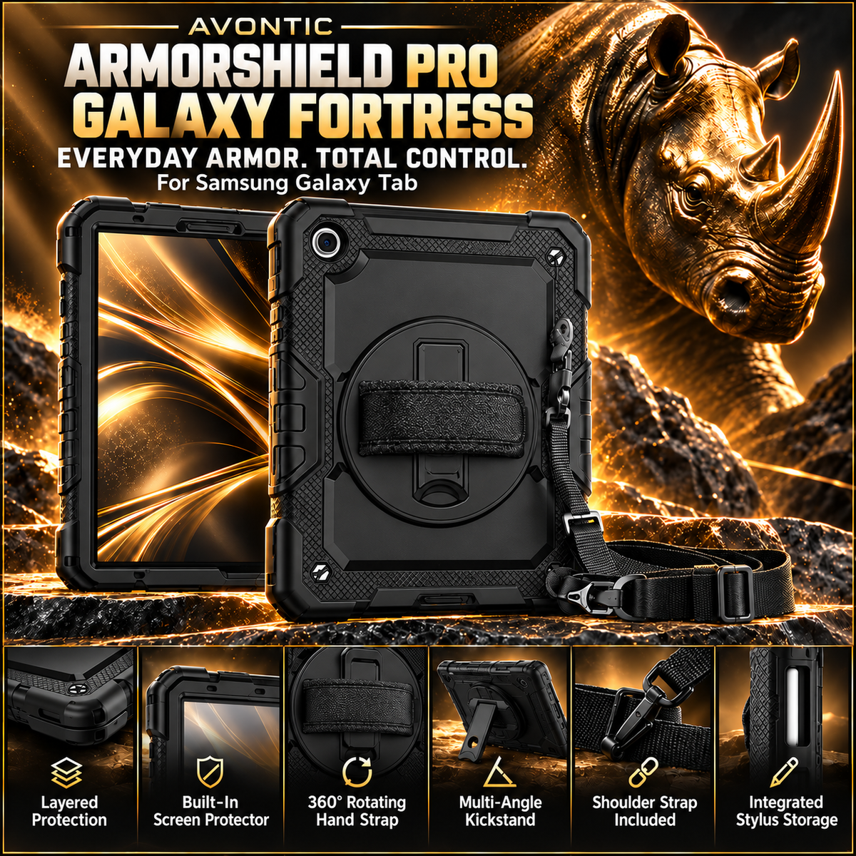 ArmorShield Pro Galaxy Fortress case with its corrected integrated kickstand and six key features.