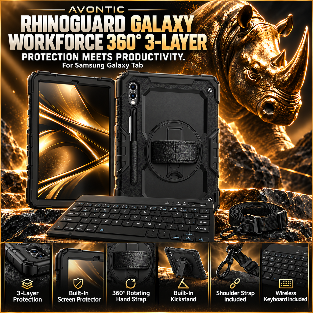 RhinoGuard Galaxy WorkForce 360 three-layer case and wireless keyboard, including integrated screen protection, rotating grip and shoulder strap.
