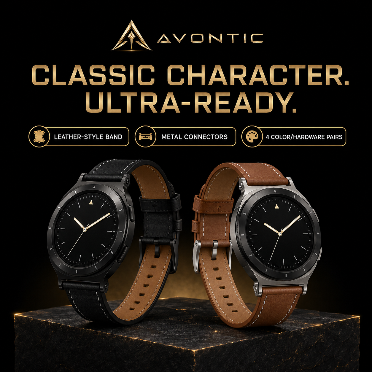 Avontic HeritageFrame black and brown leather-style Ultra bands with Classic Character badge