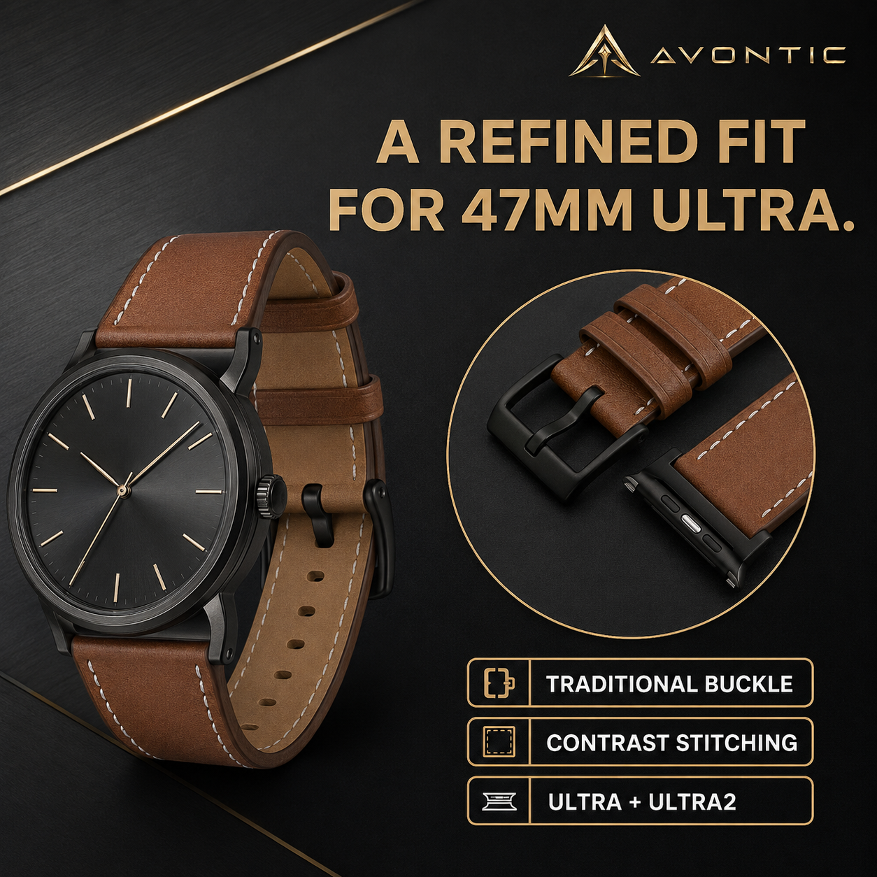 Avontic HeritageFrame contrast stitching and Ultra connector feature graphic