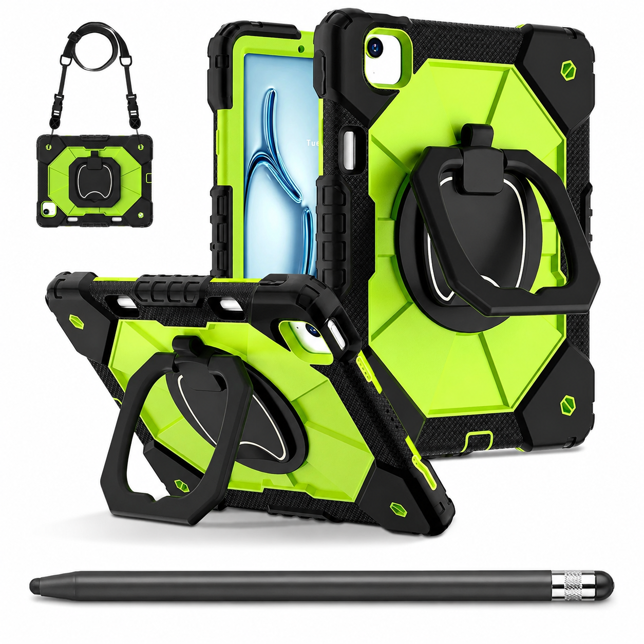 RhinoGuard ArmorPro Black and Green iPad A16 case bundle with black ApexTouch stylus