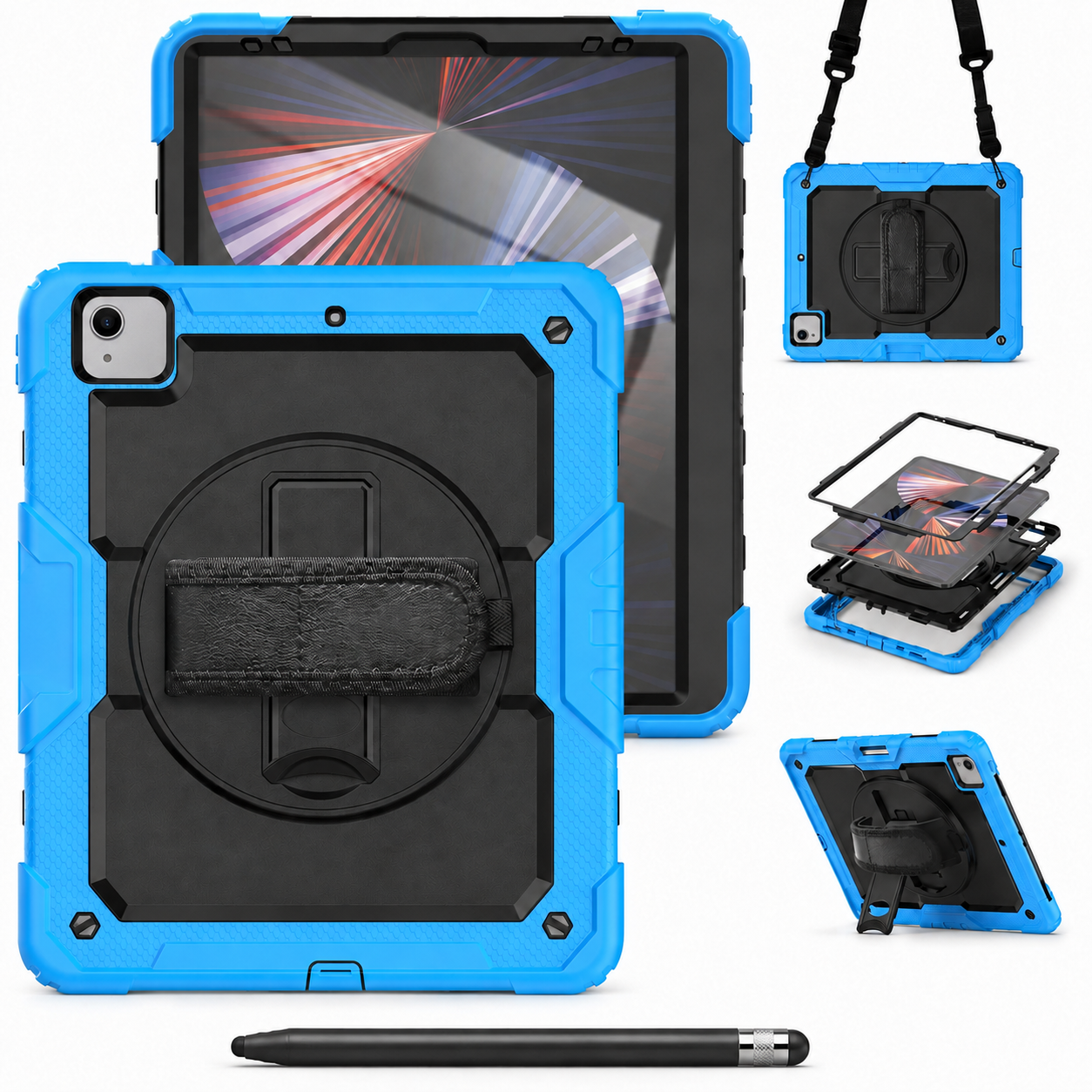 RhinoGuard Pro Black and Sky Blue iPad A16 case bundle with black ApexTouch stylus