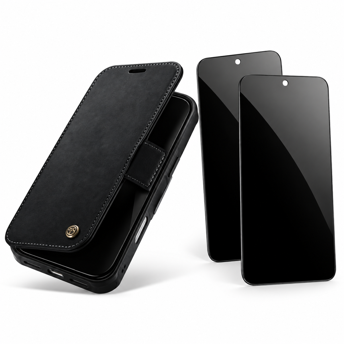 FolioVault privacy bundle in Black — one case and two StealthGuard glass protectors; select your exact iPhone model
