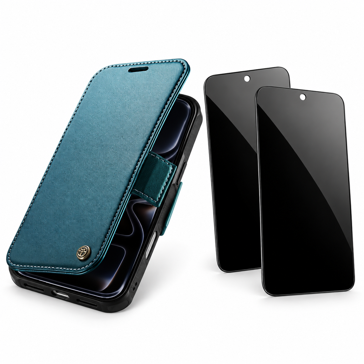 FolioVault privacy bundle in Blue Green — one case and two StealthGuard glass protectors; select your exact iPhone model