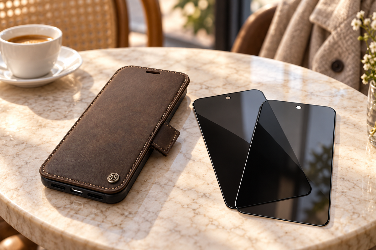 FolioVault case and privacy glass bundle lifestyle