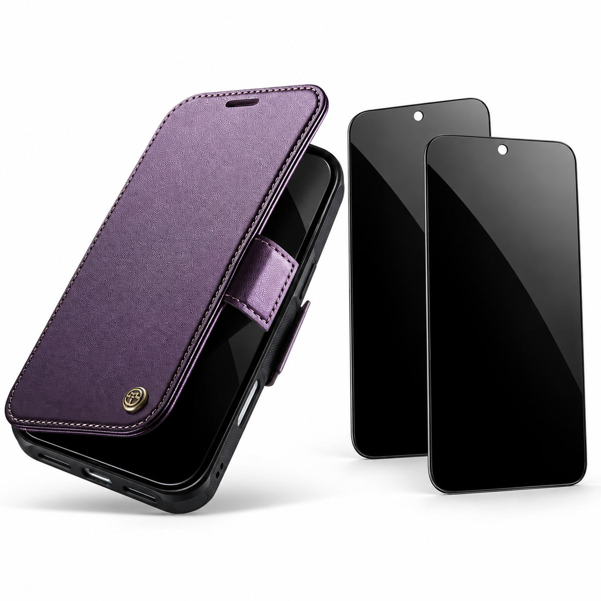 FolioVault privacy bundle in Purple — one case and two StealthGuard glass protectors; select your exact iPhone model