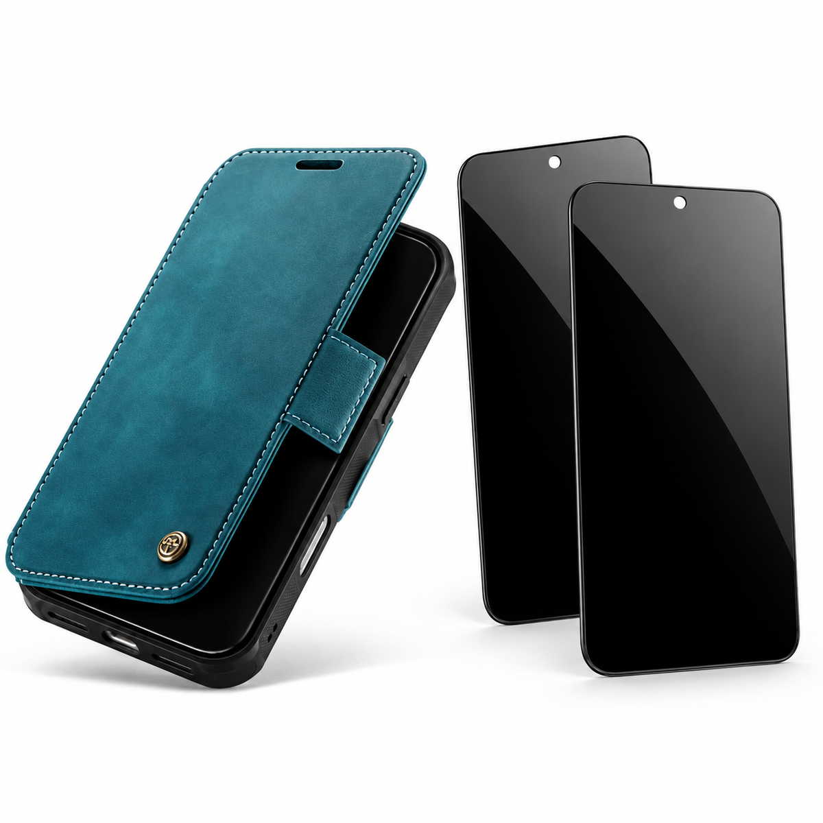 FolioVault privacy bundle in Retro Blue — one case and two StealthGuard glass protectors; select your exact iPhone model