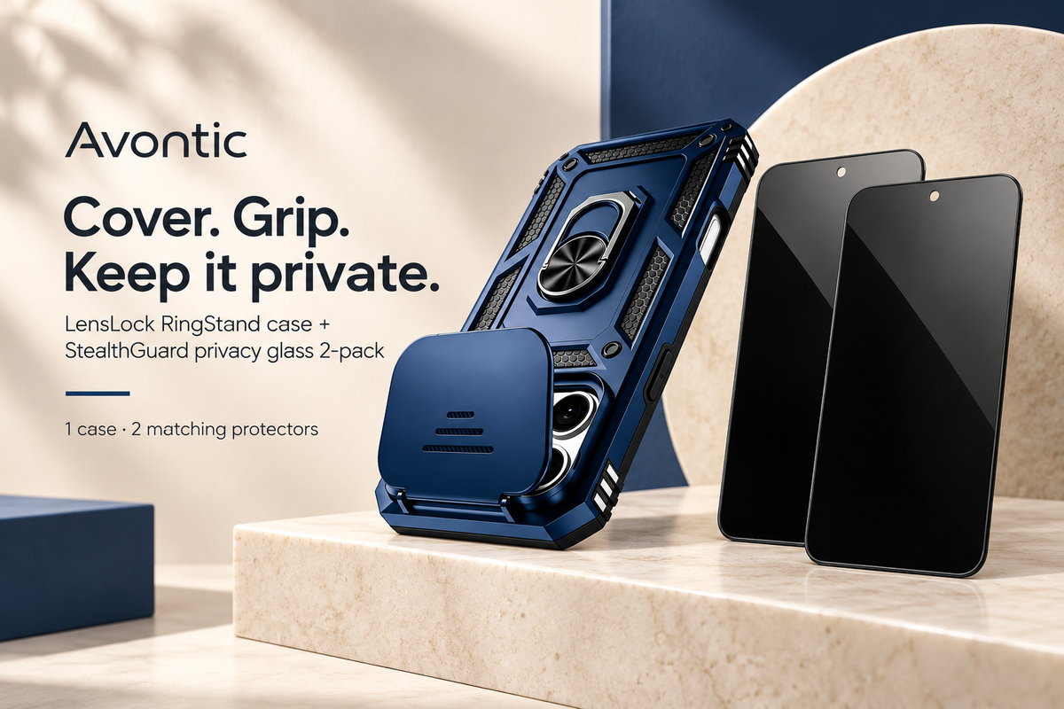LensLock RingStand case plus matching privacy glass bundle contents