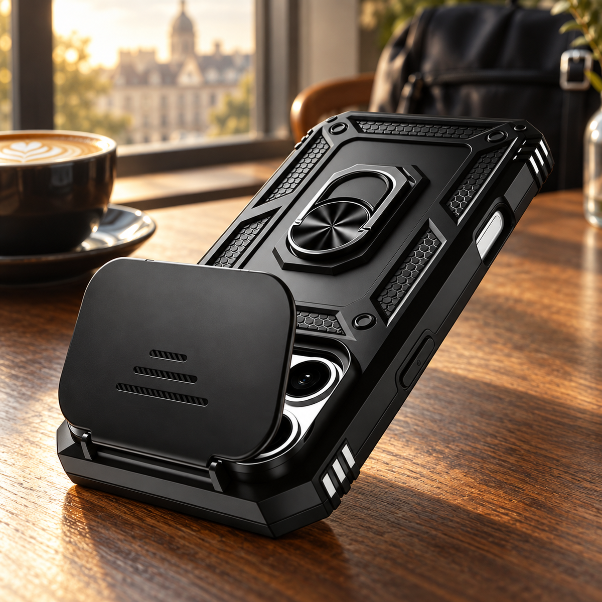RhinoGuard LensLock RingStand Camera Cover Case — cafe lifestyle view