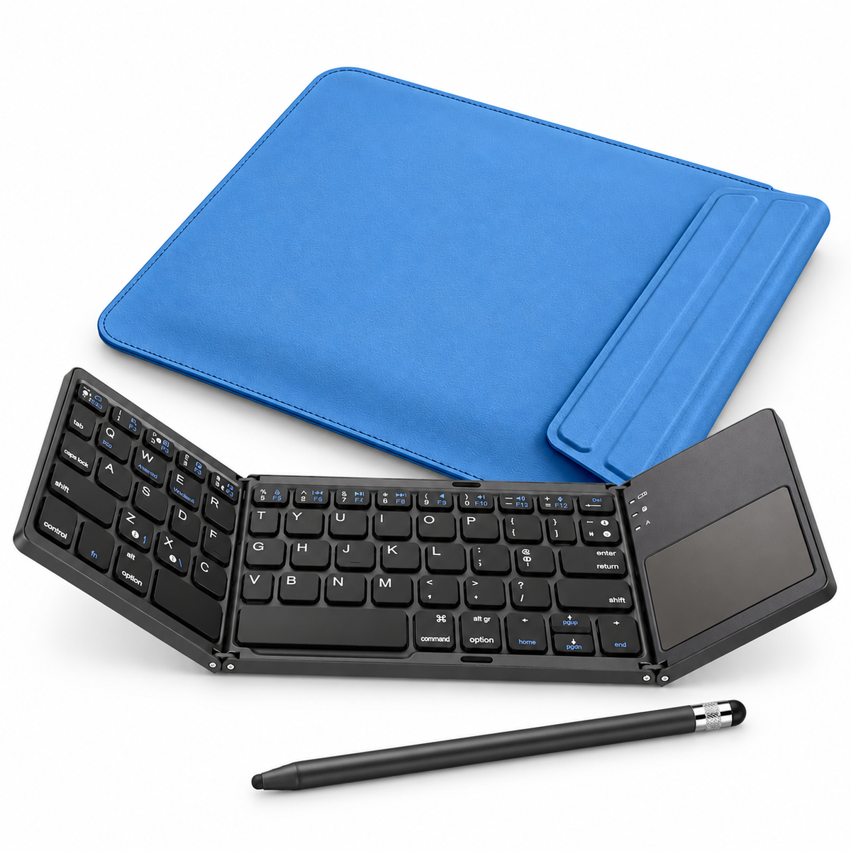 FormaLift Air Travel Office — Blue, Sleeve + Fold Keyboard + Stylus; representative included products on white