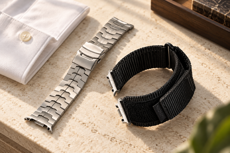 Galaxy Work + Weekend Duo — TitanForge Titanium + ActiveTrail Nylon Bands — Finish the working day your way.; lifestyle illustration, props not included