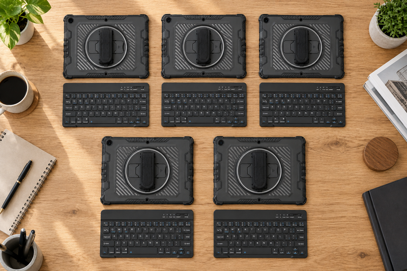 Five Midnight Black Galaxy PivotGrip cases with five keyboards; representative models, devices excluded