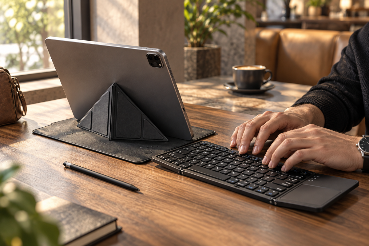 FormaLift Air Travel Office — iPad Sleeve + Compact Touchpad Keyboard — Find a useful stop.; lifestyle illustration, props not included