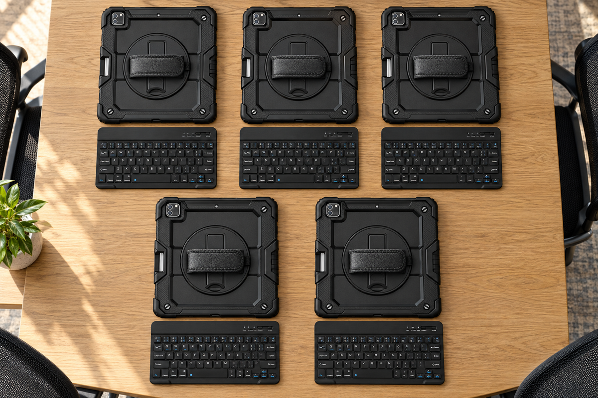 Five RhinoGuard Pro cases with five keyboards on a team desk; representative models, devices excluded