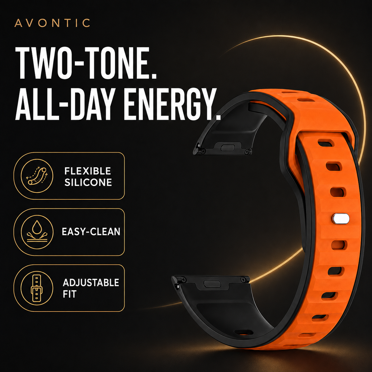 Avontic PulseFlex feature graphic highlighting flexible silicone, easy-clean design and adjustable fit