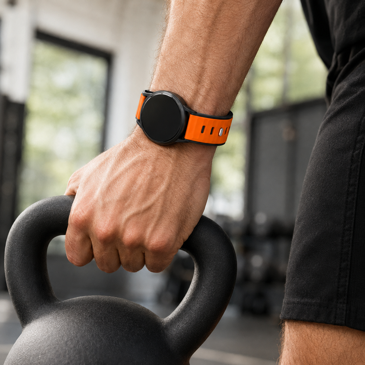 Avontic PulseFlex orange and black silicone band during a kettlebell workout